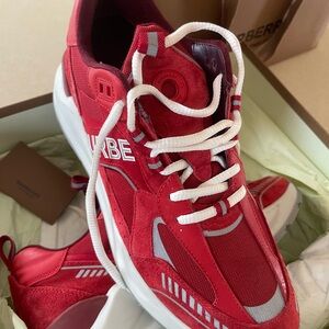 Burberry Red Suede & Mesh Athletic Sneakers with White Laces
